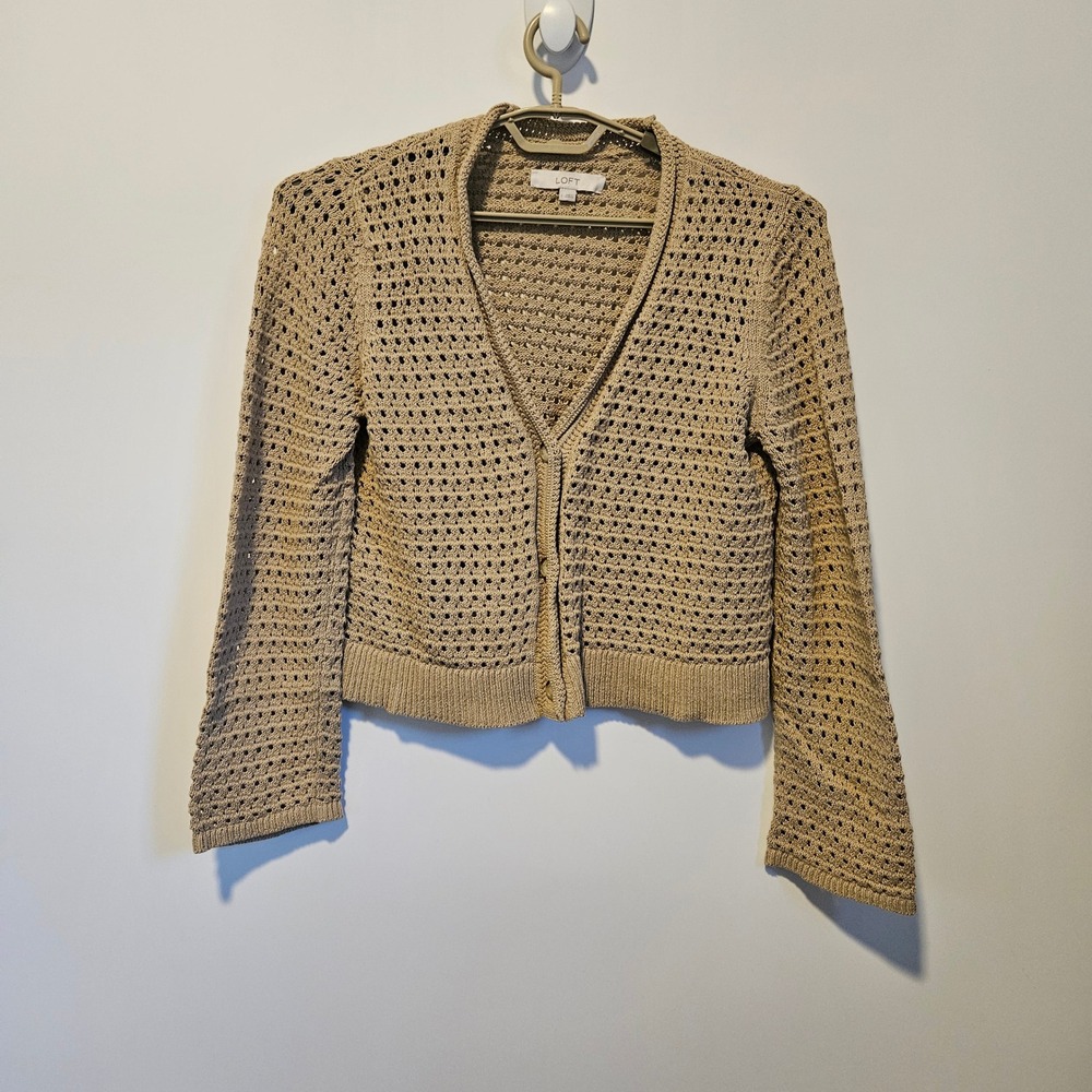 Loft Cardigan Womens Large Tan Biege Crochet Open Knit Cotton Sweater Beach Boho